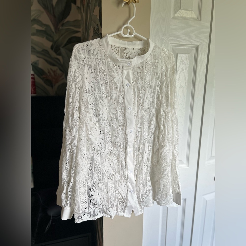 Elegant White Lace Button-Up Blouse